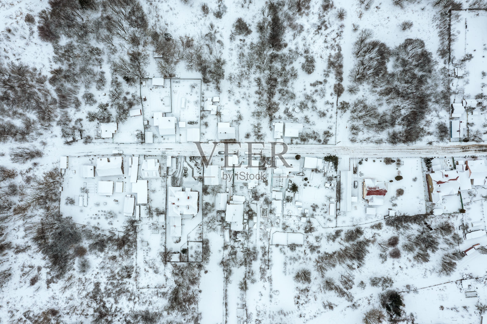 白雪覆盖的村庄的鸟瞰图。房屋的屋顶和道路被雪覆盖。照片摄影图片