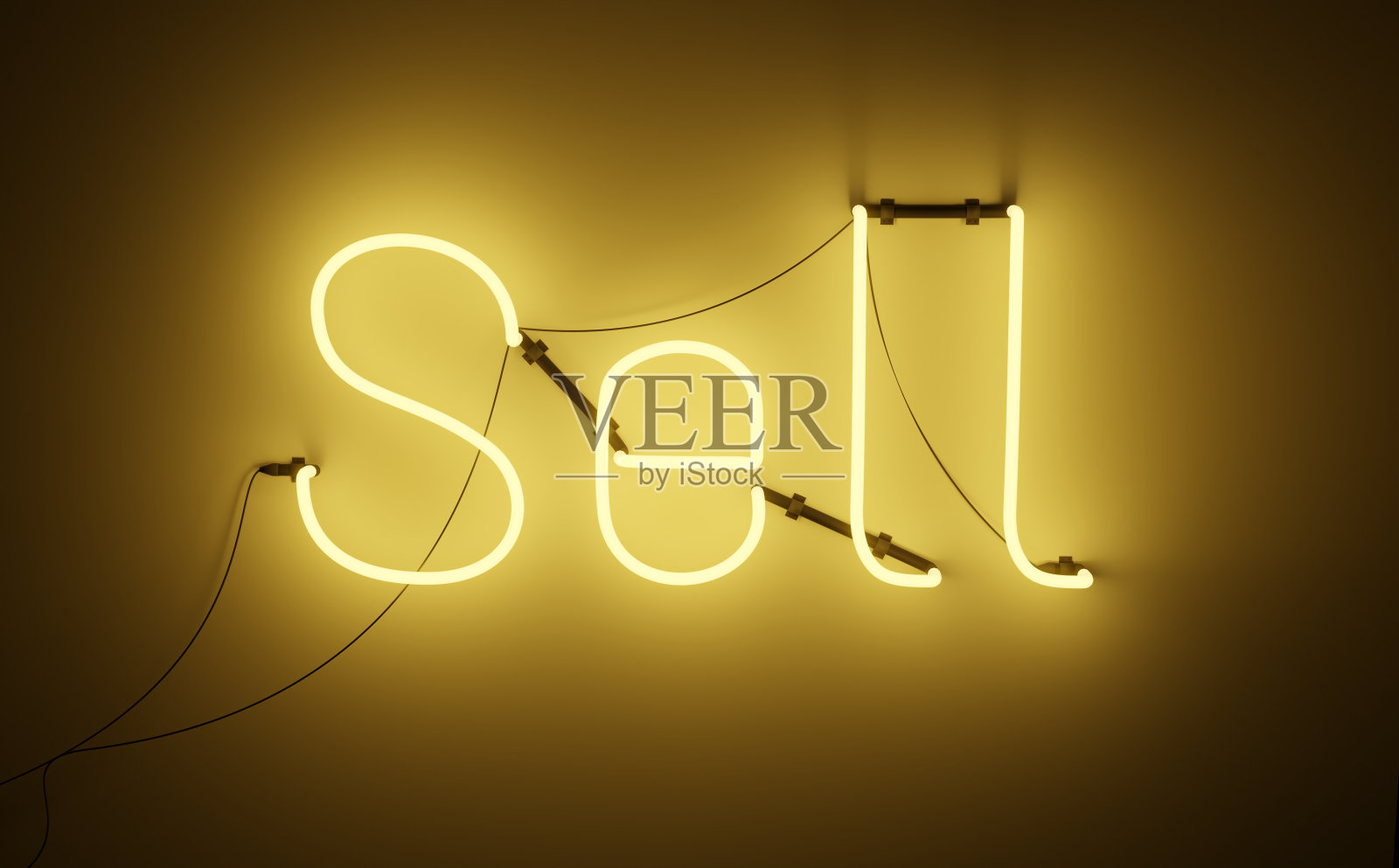 渲染一个明亮明亮的霓虹灯标志出售的黄色铭文，表明商店，酒吧或餐厅有折扣和销售。出售霓虹灯标志4K RGB照片摄影图片