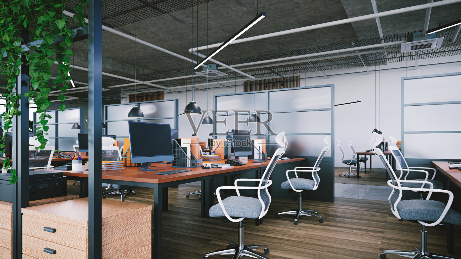 大型办公室内部，植物和开放式天花板，3d渲染照片摄影图片