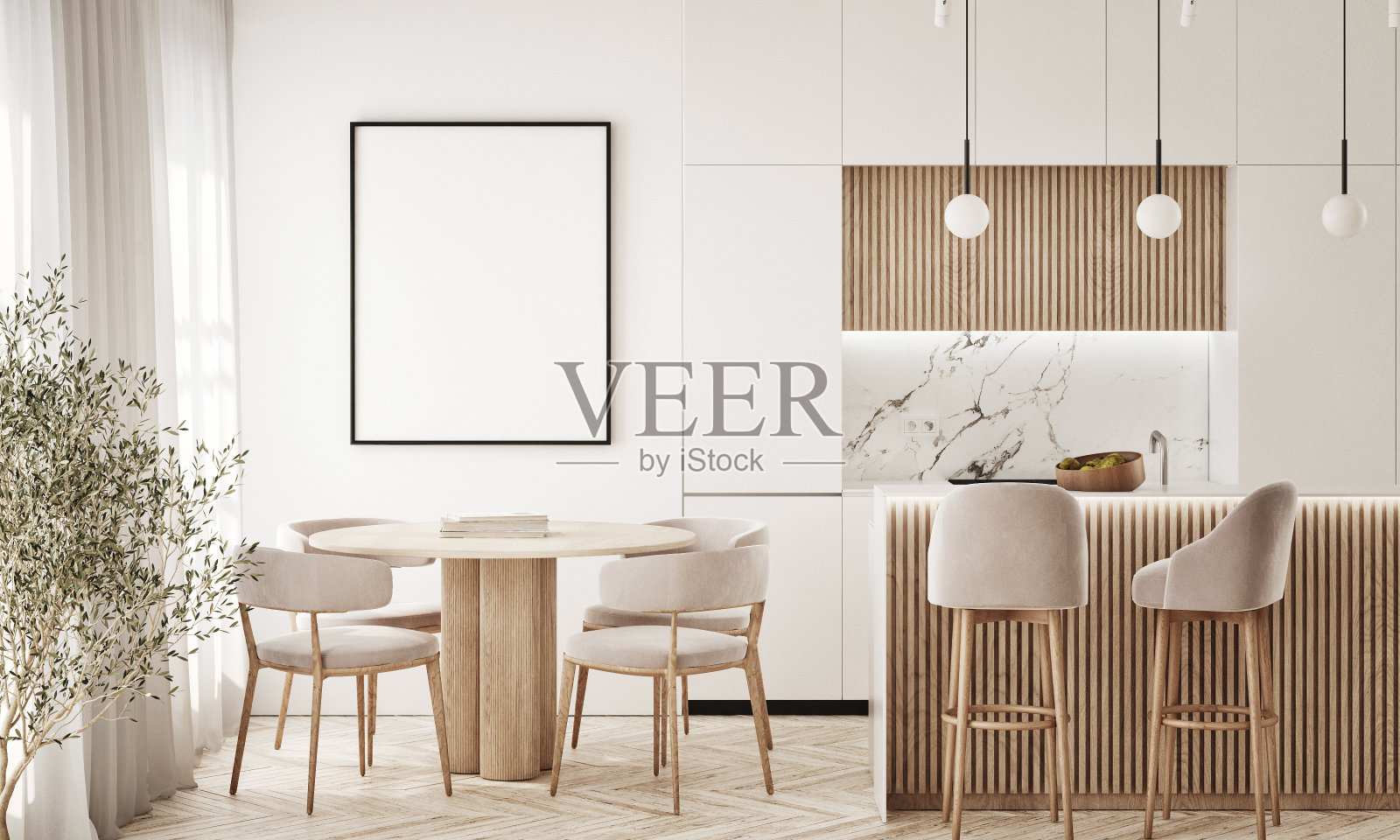 客厅、厨房和餐厅的墙上的海报模型框。豪华公寓背景与当代设计。现代室内设计。3D渲染，3D插图。照片摄影图片