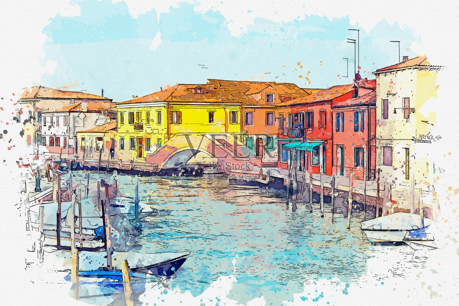 意大利美丽地标穆拉诺的水彩画风景画。插画图片素材