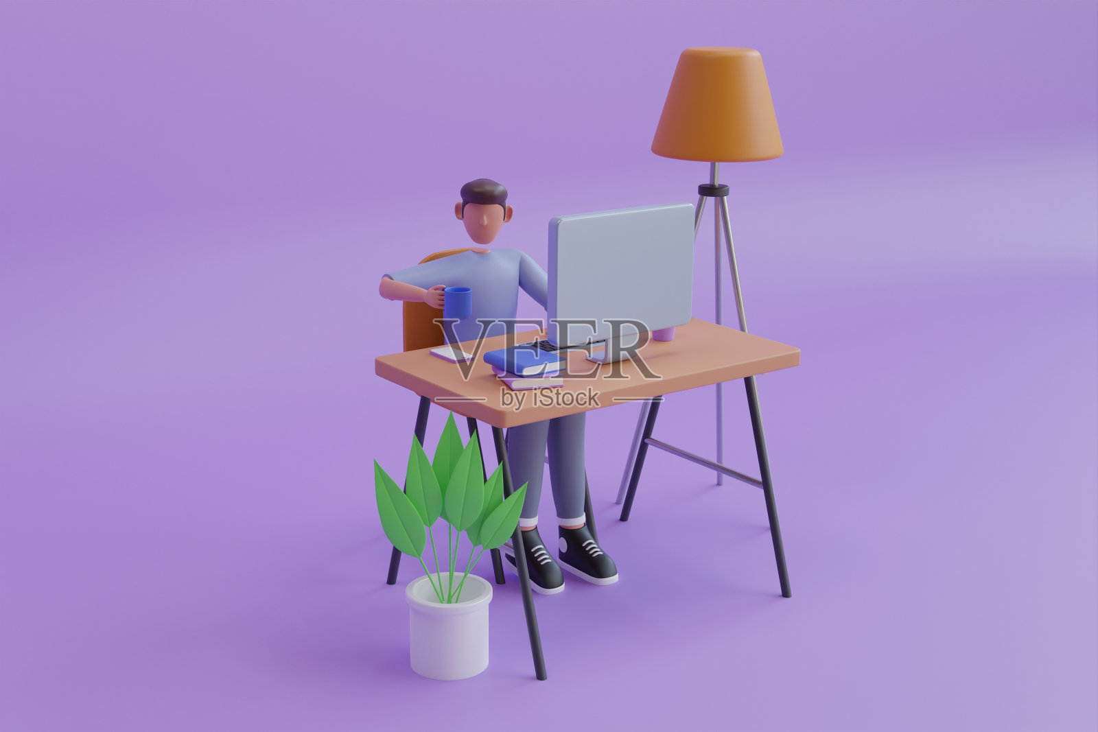 一个人坐在桌子旁边，旁边有一台电脑。男孩用电脑学习。三维渲染插画图片素材