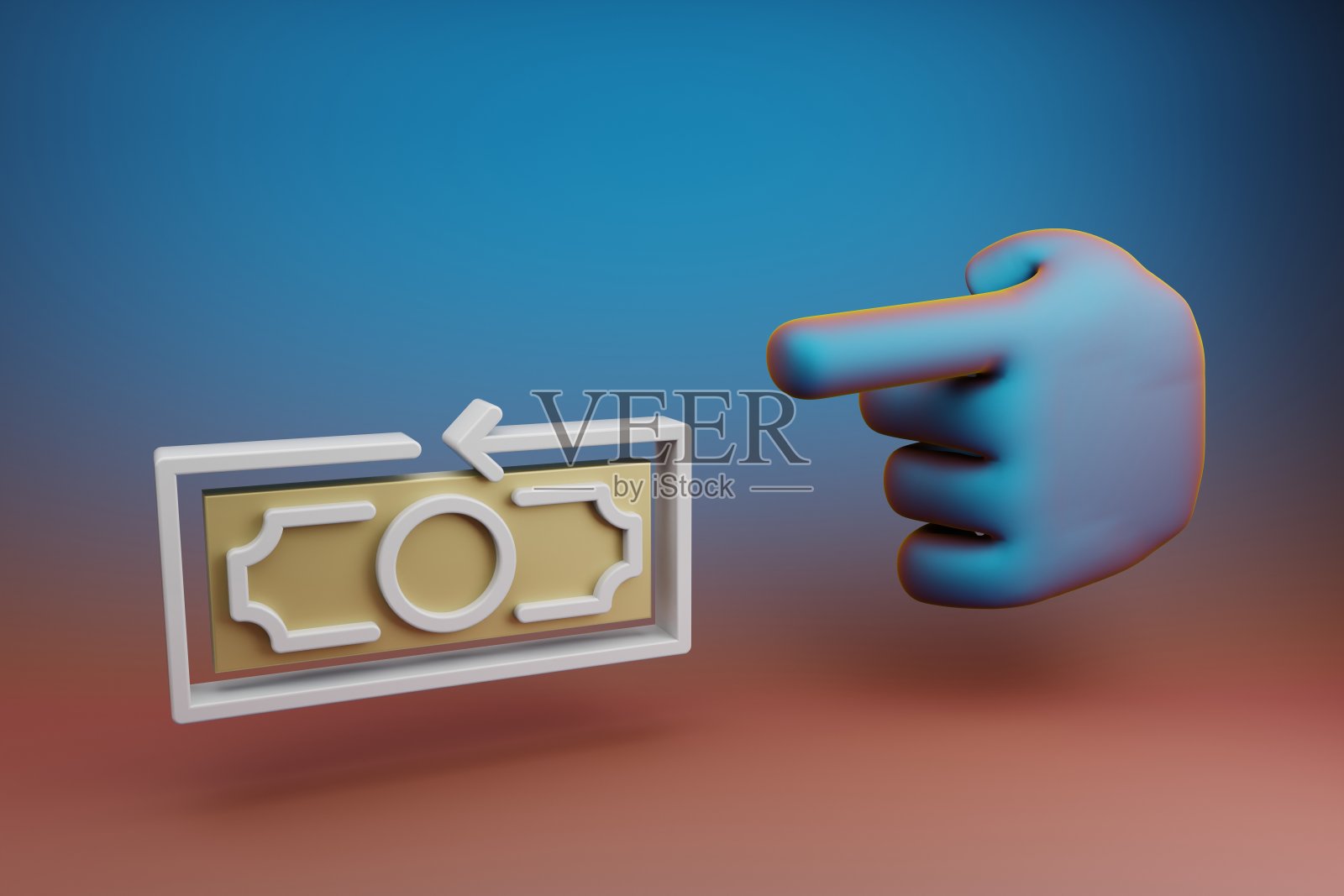 美丽的插图抽象的手食指指向钱的符号图标在一个多色明亮的背景。3d效果图。设计的背景图案。照片摄影图片