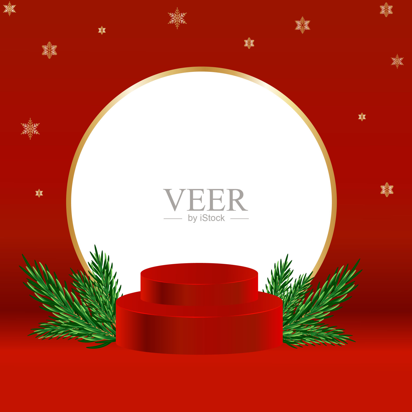 一个舞台，一个讲台，红色背景上有冷杉枝白色背景上有金色框架插画图片素材