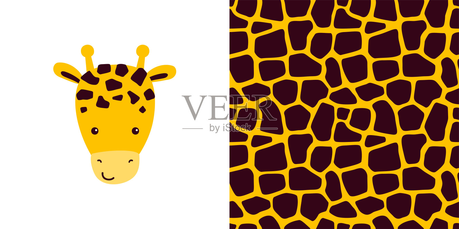 矢量集合-印刷与可爱的长颈鹿字符加上动物皮肤无缝模式插画图片素材
