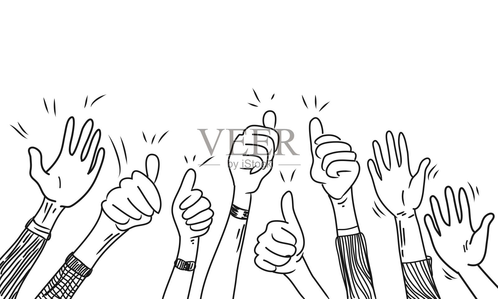 手画的手向上，鼓掌鼓掌，鼓掌鼓掌，竖起大拇指的手势上涂鸦风格。矢量图插画图片素材