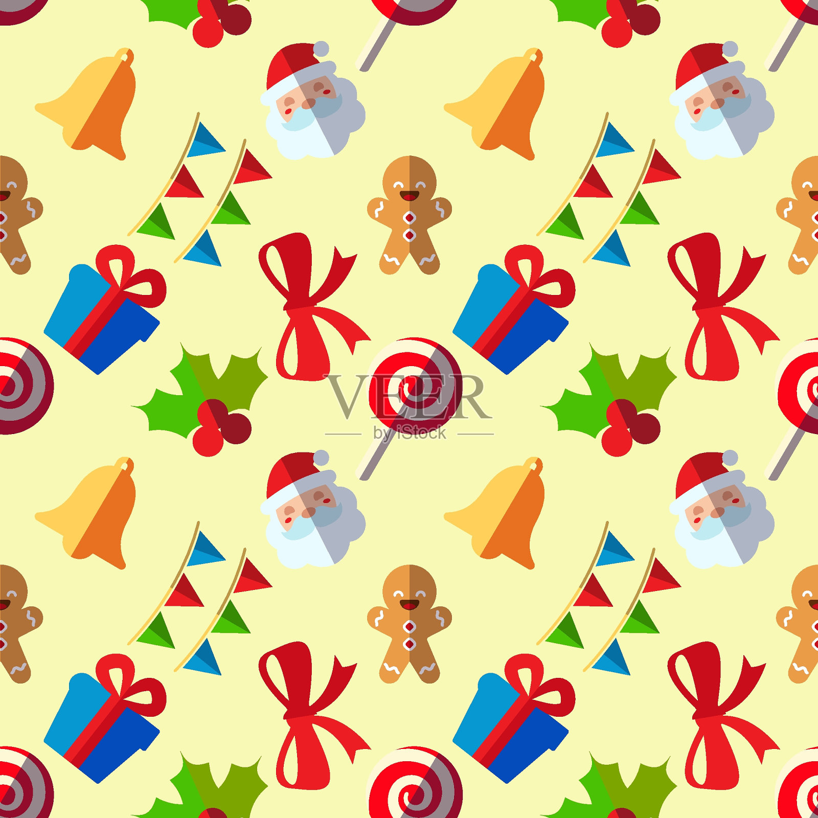 新年，假期，圣诞节的概念。无缝图案的铃铛，圣诞老人，姜人，槲寄生，甜蜜，花环。适合包装，明信片，封面，织物，纺织品插画图片素材