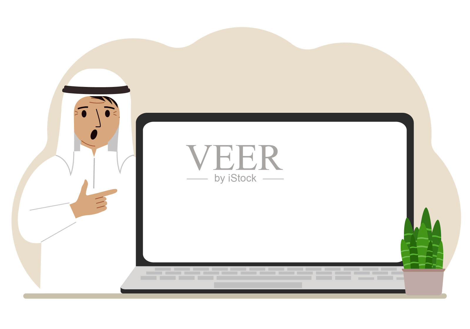 一个男人站在一台大笔记本电脑旁，有足够的空间写文本。插画图片素材