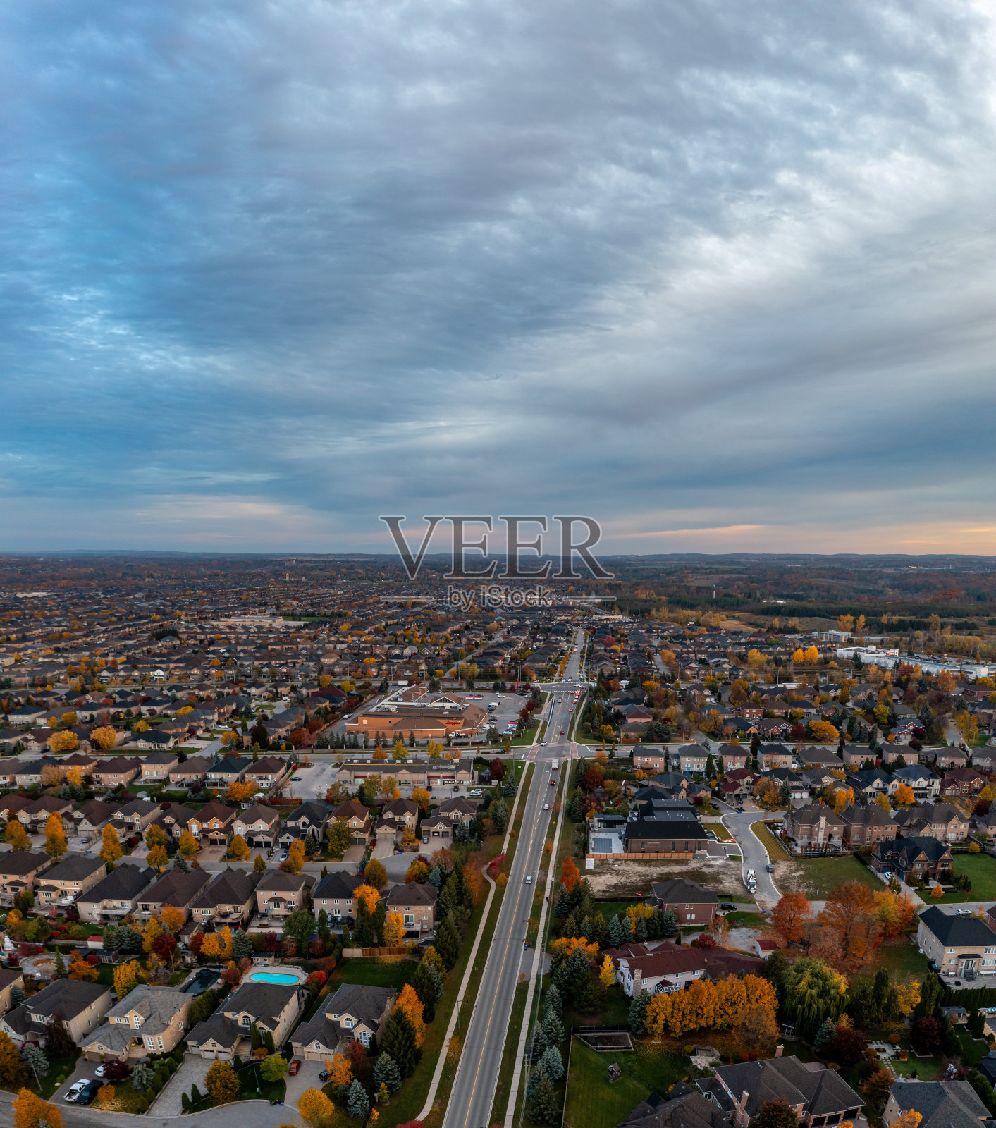 加拿大伍德布里奇，卢瑟福路和伊斯灵顿大街的社区公园里的多色树叶照片摄影图片