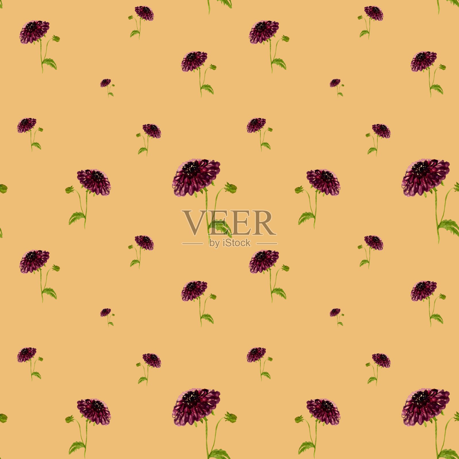 大丽花红色无缝桃纹水彩画插画图片素材