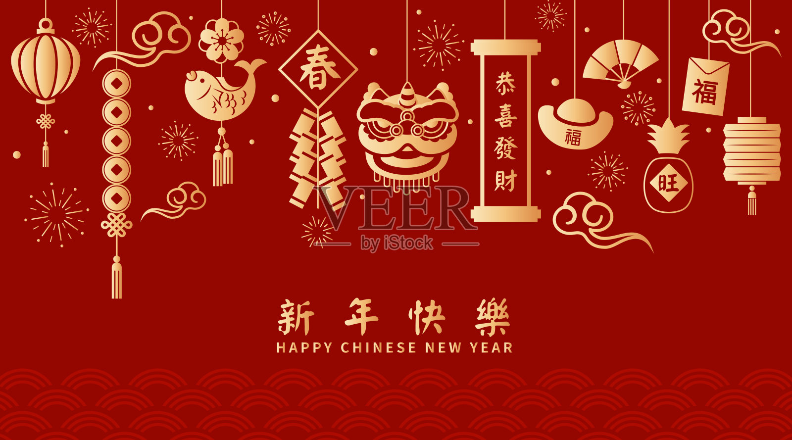 中国新年贺卡，以传统亚洲元素，东方图案，舞狮和春节红色背景。矢量插图。插画图片素材