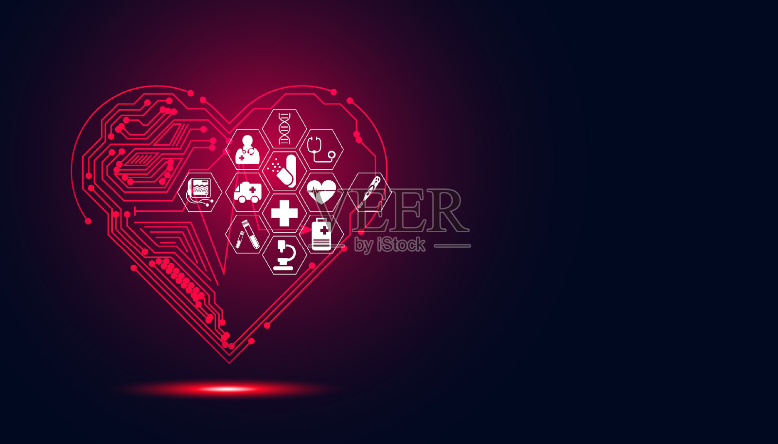抽象，数字心脏，线，电路板和健康图标。卫生保健，医学概念，卫生援助，治疗，护理在红黑背景上插画图片素材