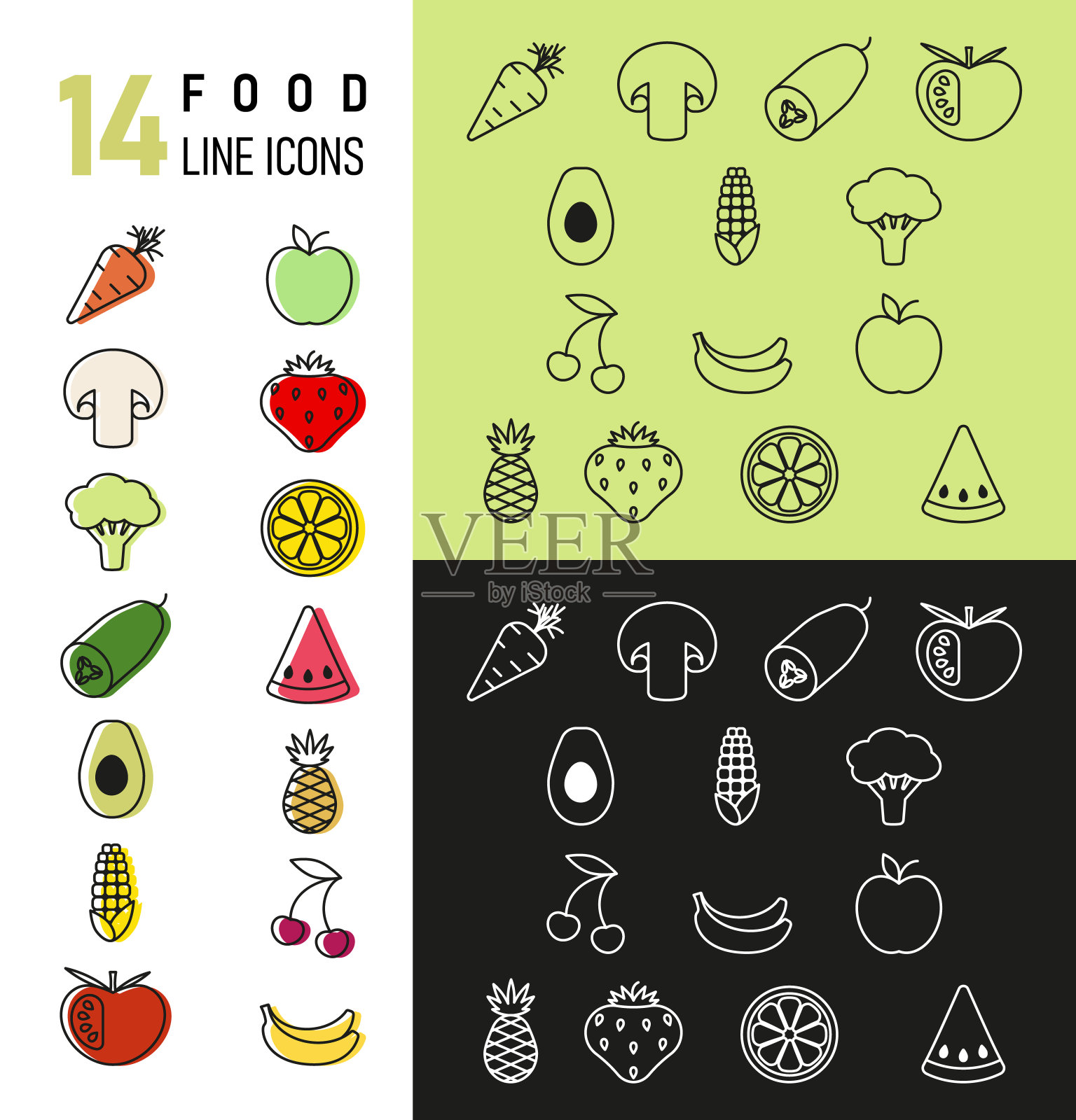 一套14食品线图标彩色，黑白设计在不同的背景图标素材
