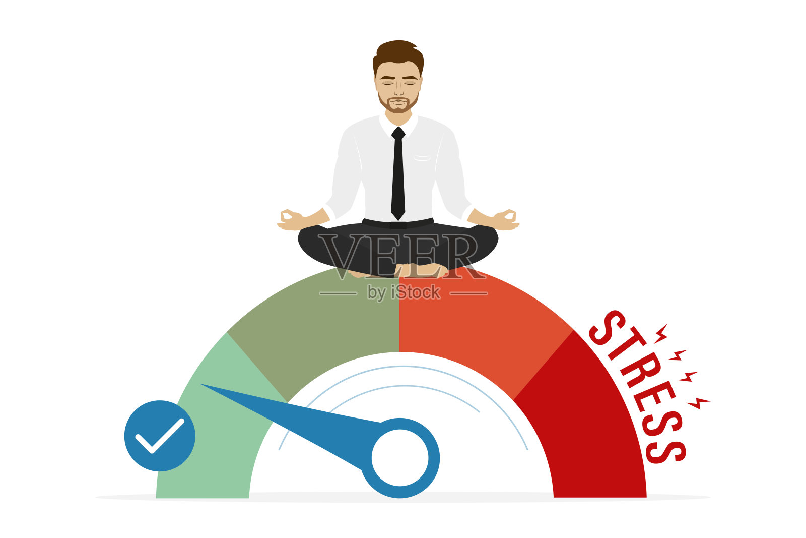 压力测试，员工不受心理压力影响。男职员冷静，精神健康。商人坐在莲花瑜伽姿势在秤上。休息时间。插画图片素材