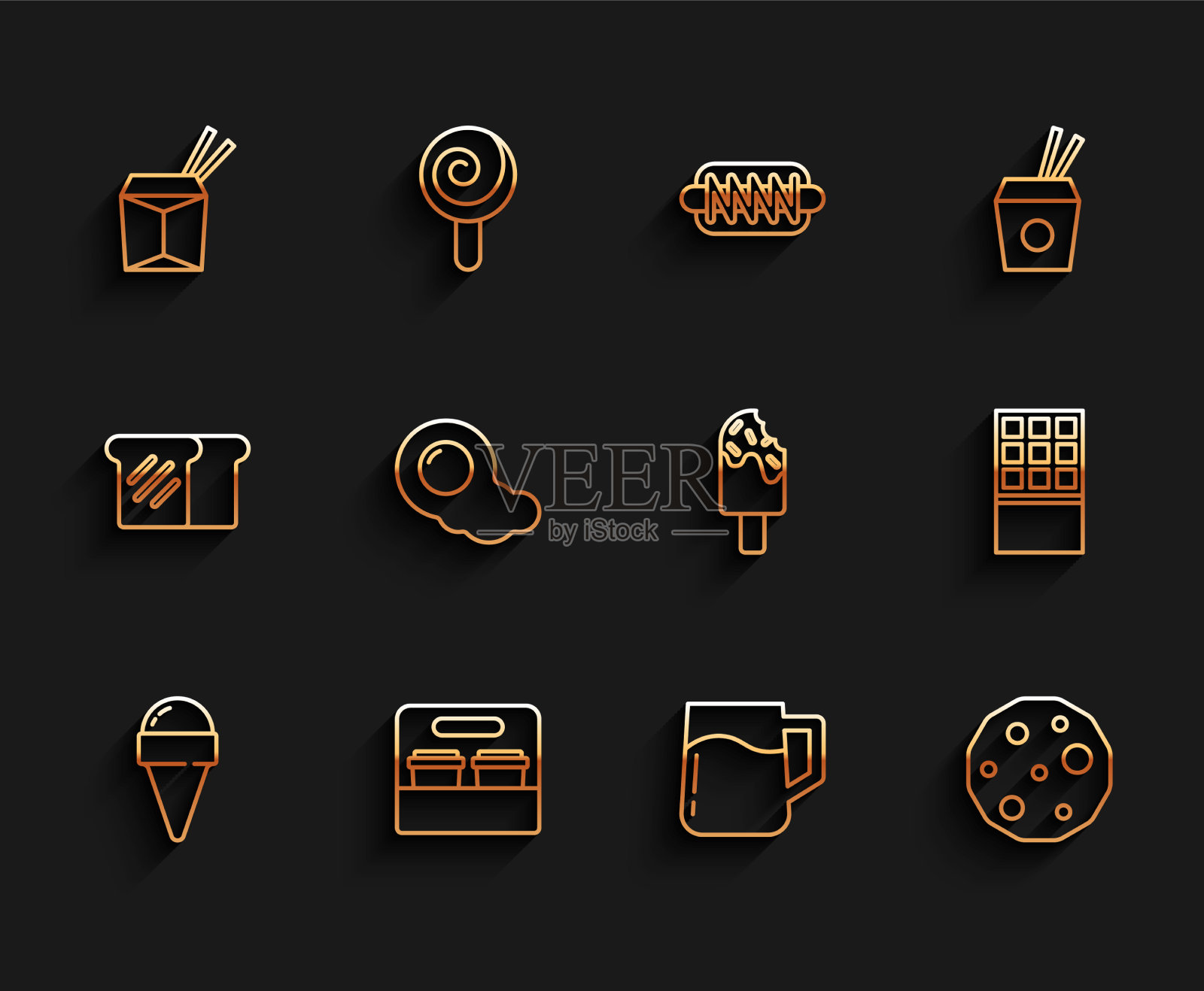 在华夫蛋筒咖啡杯中设置线冰淇淋图标素材