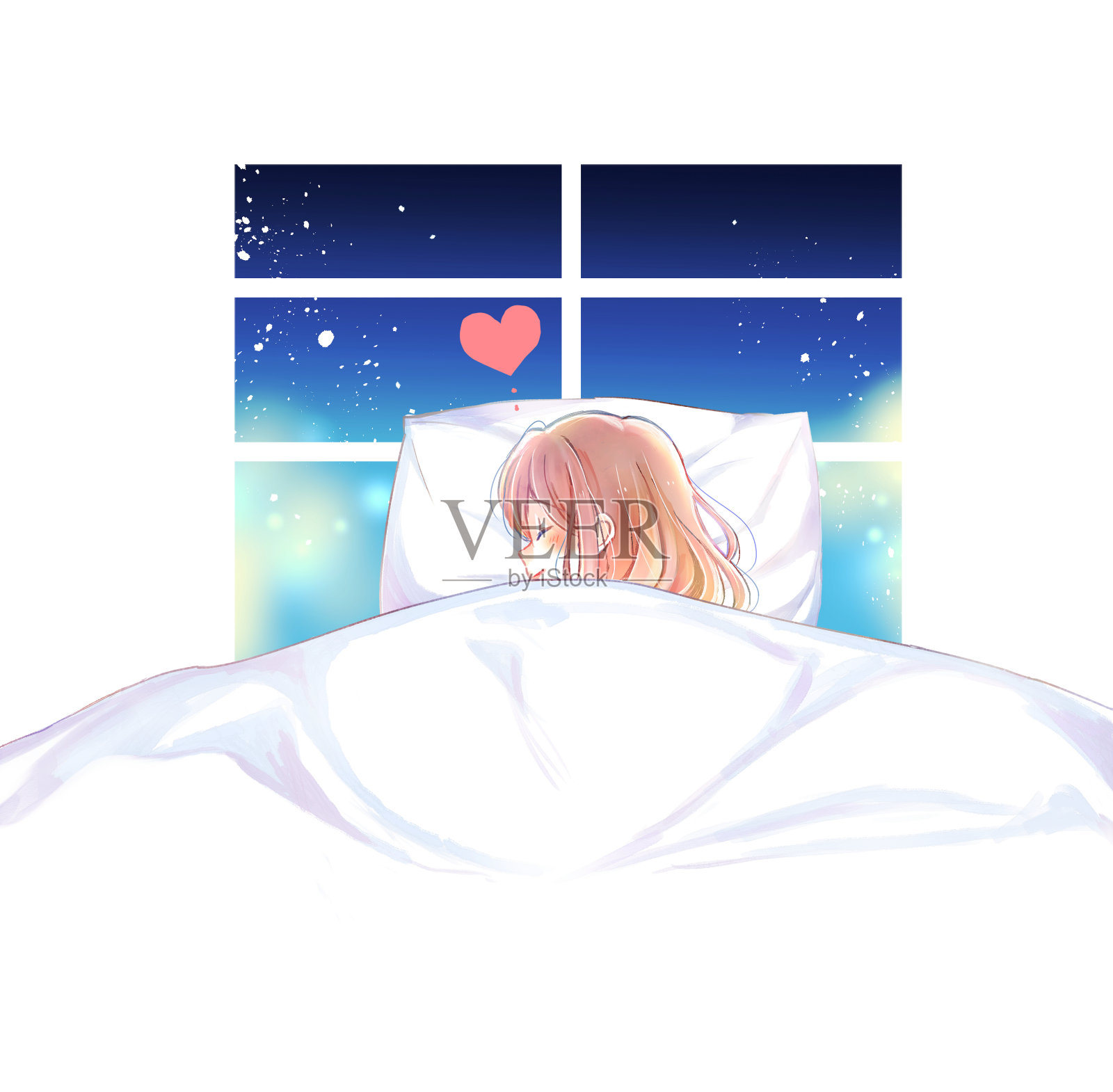 一个女人独自睡在床上插画图片素材