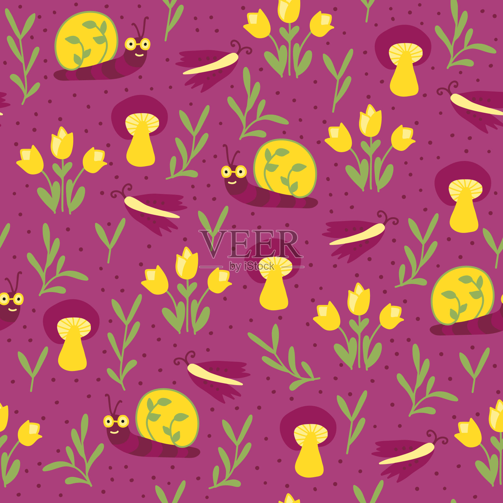 可爱的宝宝无缝图案与蜗牛，蝴蝶和蘑菇。印刷纺织品，墙纸，封面，表面。用于时尚面料。婴儿打印插画图片素材