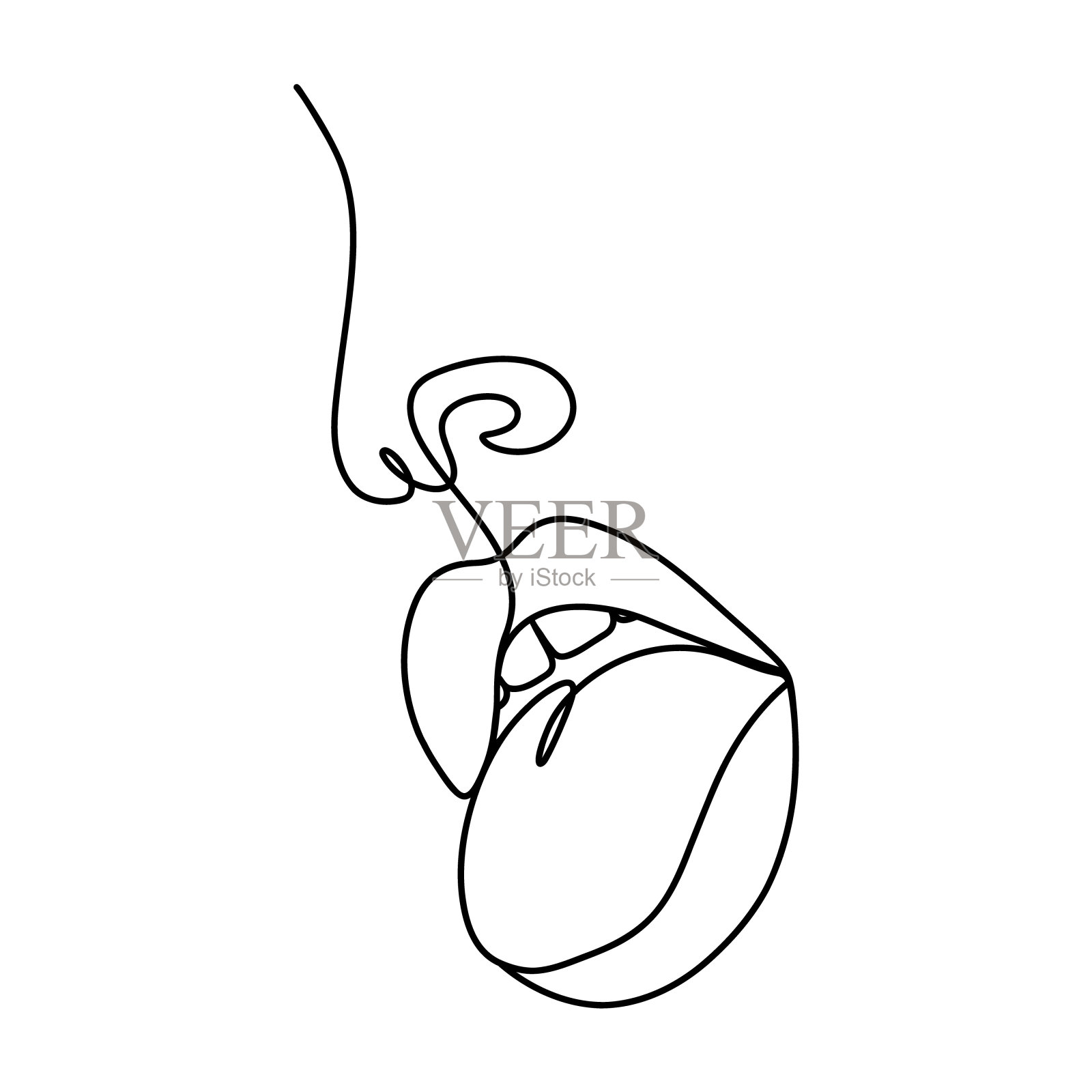 女人的嘴唇和鼻子在一条线的绘画风格。张开嘴，伸出舌头。永久或纹身化妆。美容工作室标志。线性矢量插图在时髦的极简风格插画图片素材