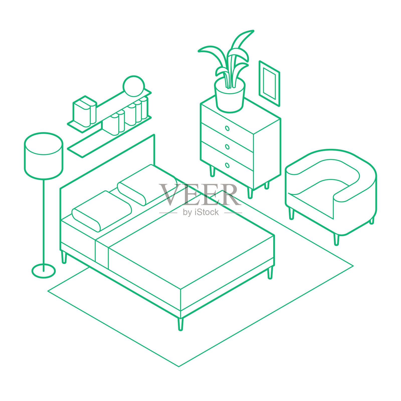 等距卧室轮廓图插画图片素材