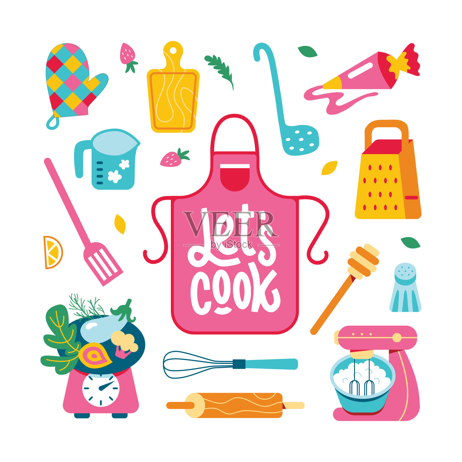 一套大的食物和厨房用具菜，菜，甜点，食材。家常菜食谱插画图片素材