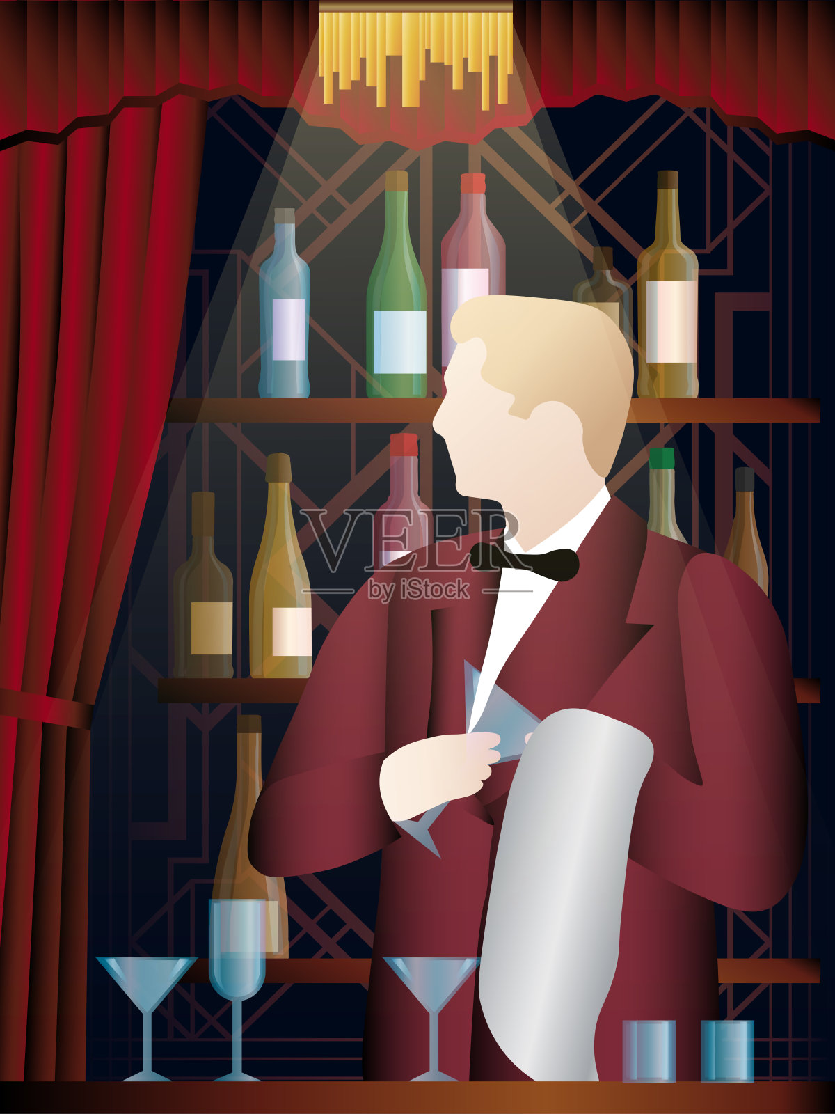 酒保擦了擦杯子。酒吧在背景。插画图片素材
