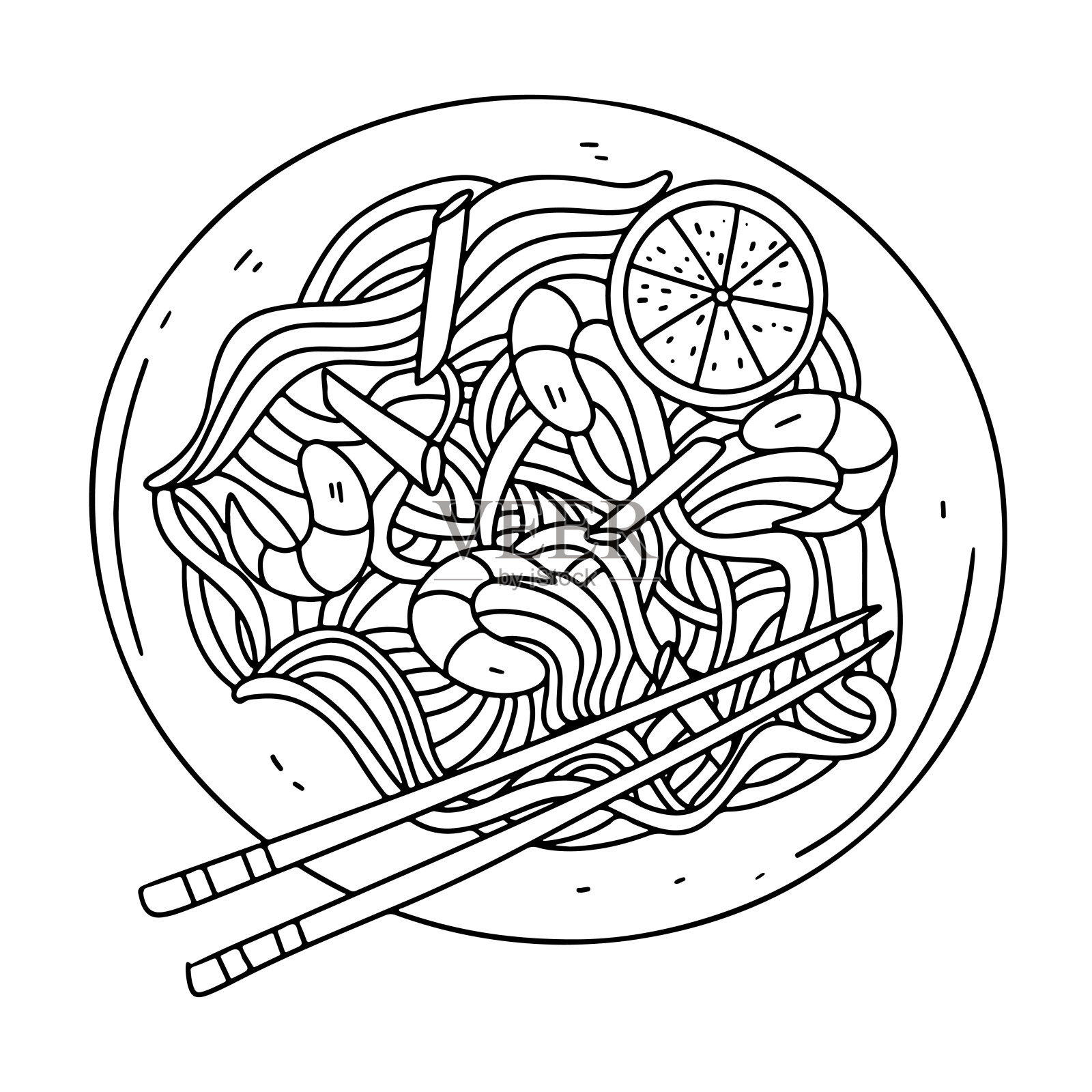 手工涂鸦风格的虾仁蔬菜米粉。水平的俯视图。插画图片素材