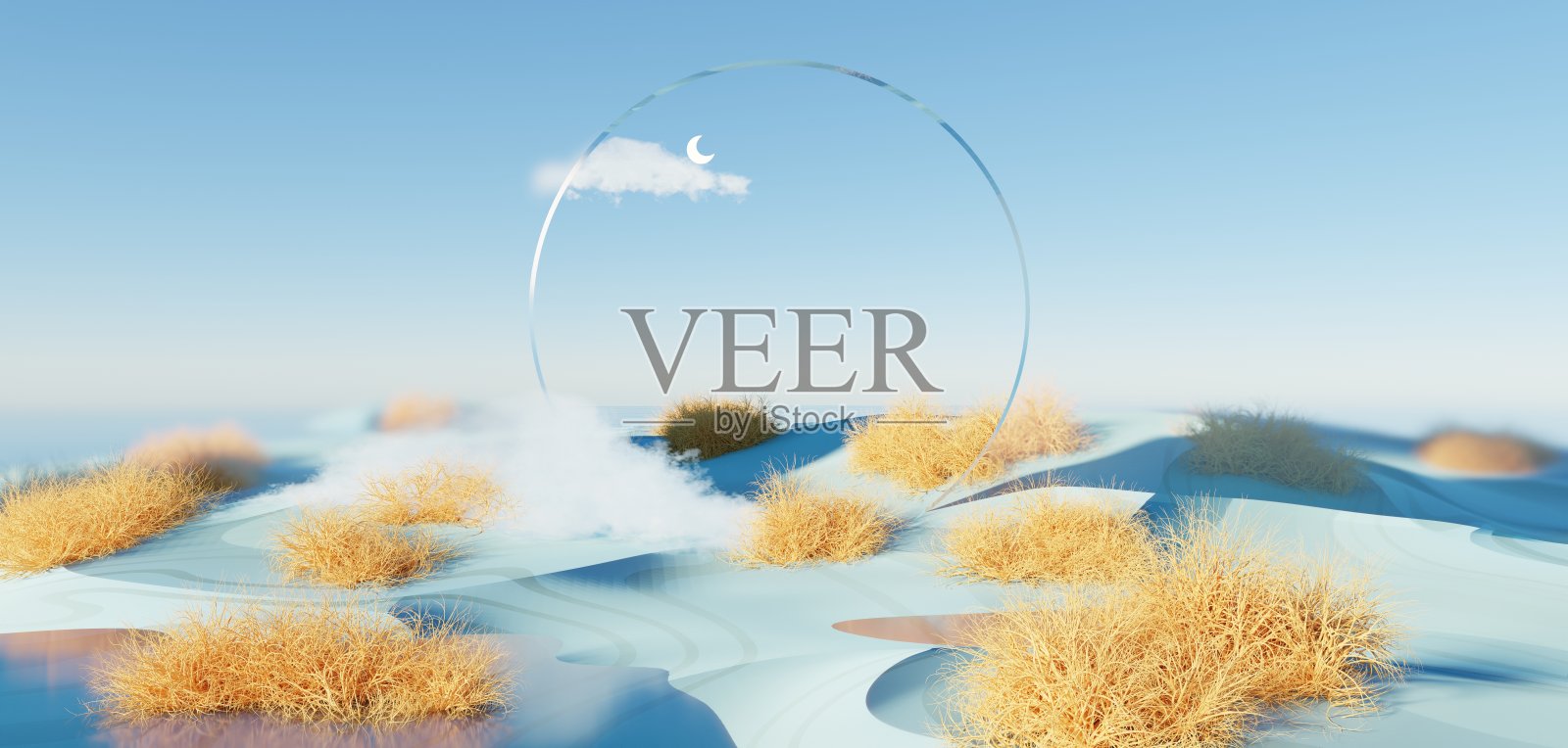 超现实的美丽梦幻之地背景。具有几何拱的冬季景观沙丘。梦幻岛屿风景与水和自然多云的天空。金属镜拱。3 d渲染。插画图片素材