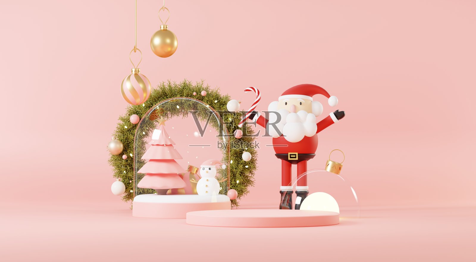 3d抽象讲台舞台平台与最小的圣诞和新年活动背景。欢乐的圣诞场景为产品展示或模拟横幅。圣诞冬季场景中的空看台基座装饰。插画图片素材