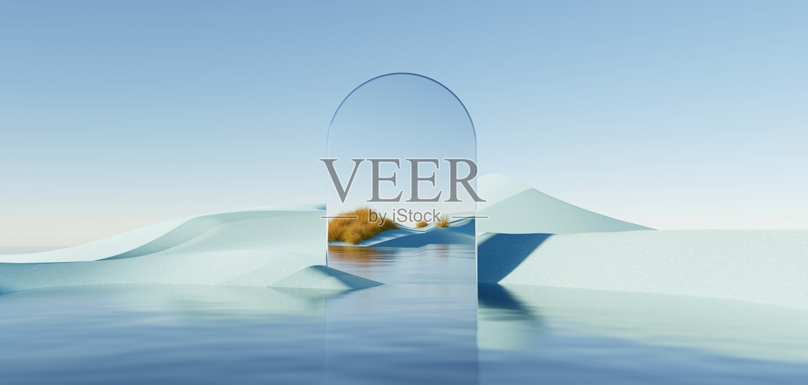 超现实的美丽梦幻之地背景。具有几何拱的冬季景观沙丘。梦幻岛屿风景与水和自然多云的天空。金属镜拱。3 d渲染。照片摄影图片