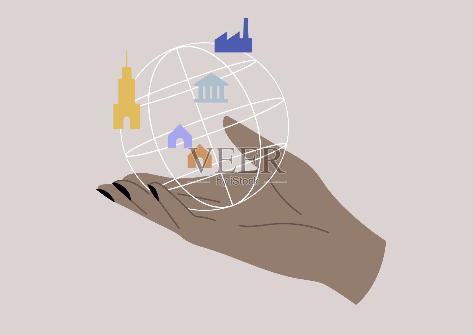一个导航设备，一只孤零零的手拿着一个上面有建筑的地球仪插画图片素材