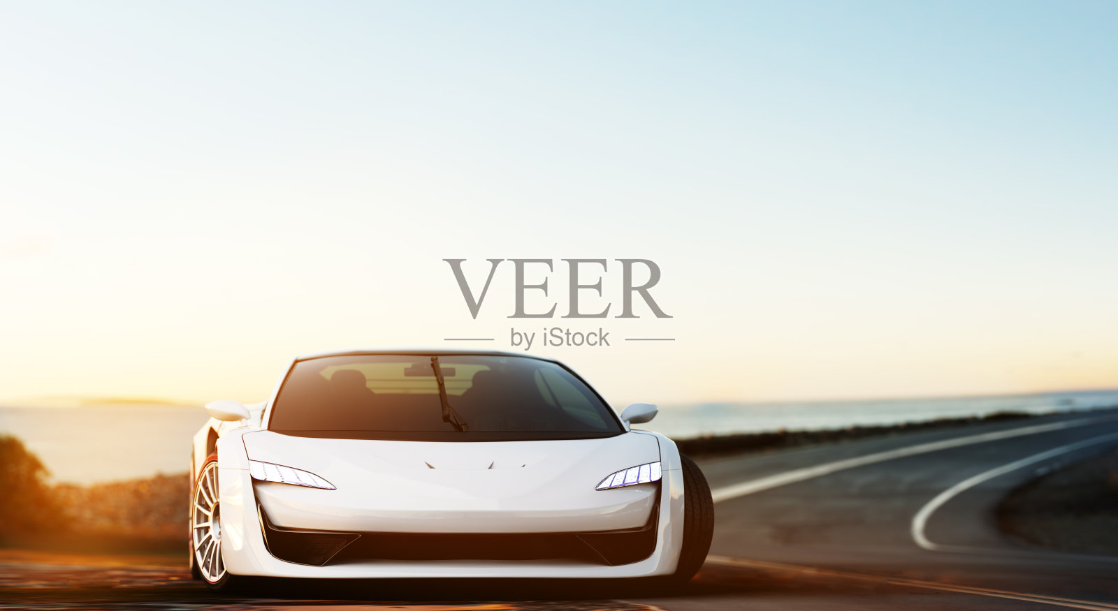 银色跑车停在沿海公路上照片摄影图片