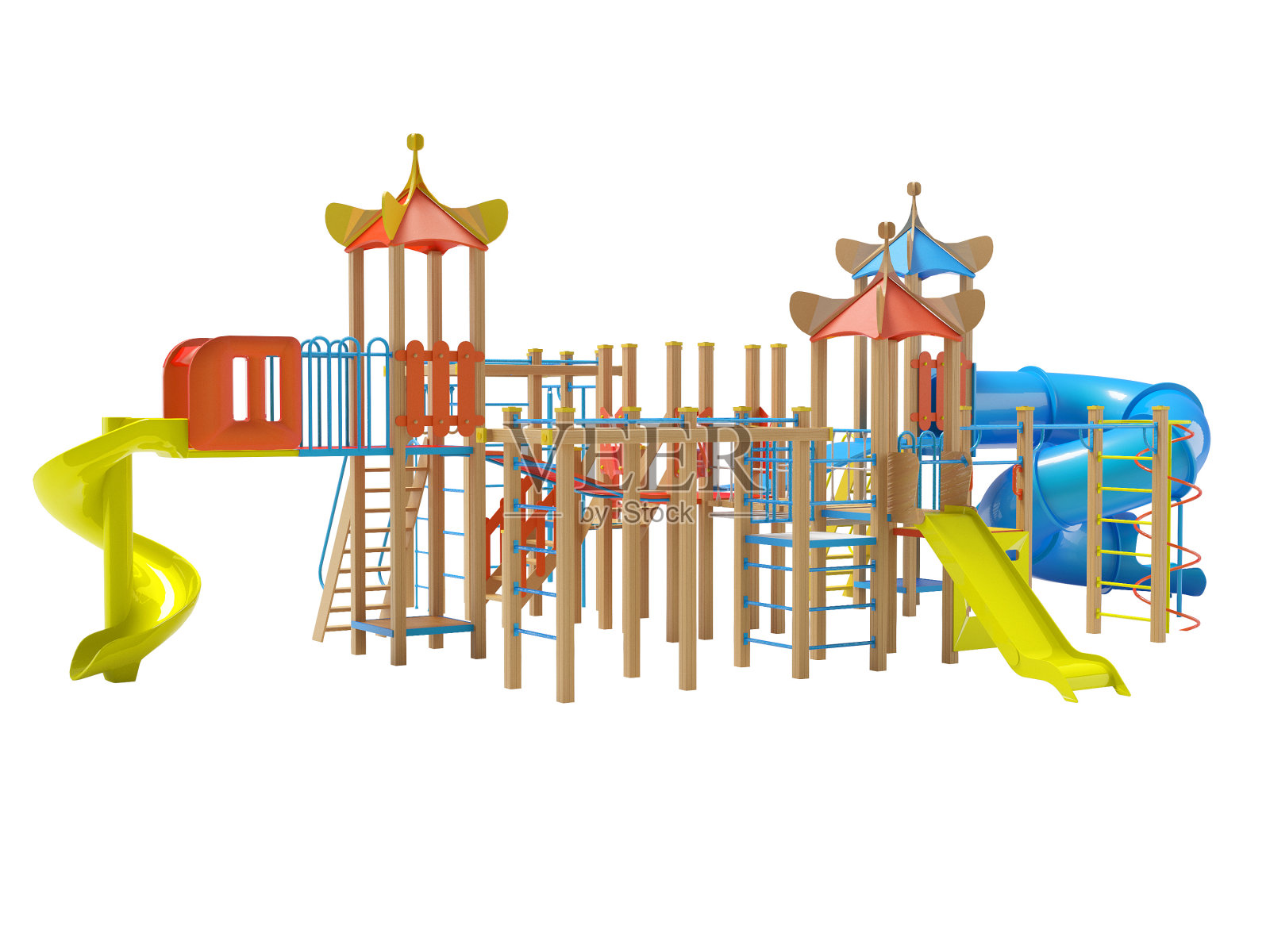 游乐场的3D插图与两个滑梯为儿童白色背景无阴影照片摄影图片