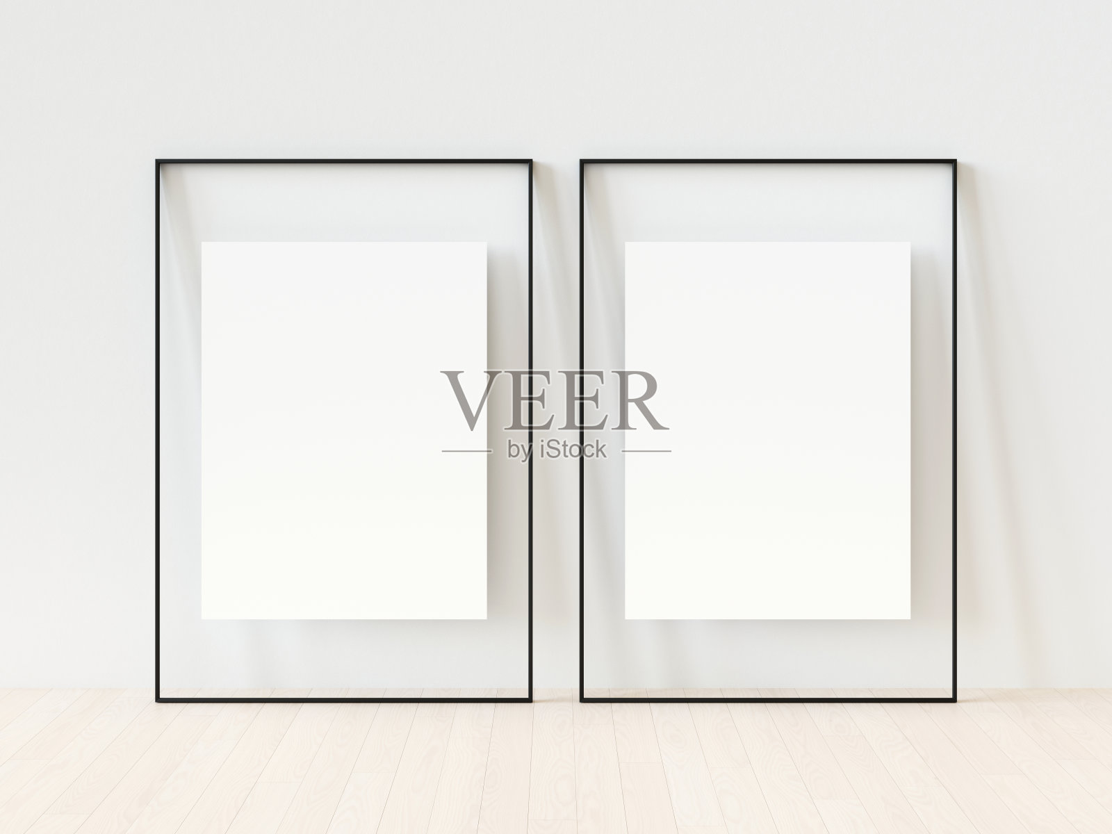 关闭白色垂直相框上的白色墙壁背景。空的黑色相框模型模板隔离在室内白墙。矢量插图。三维演示照片摄影图片