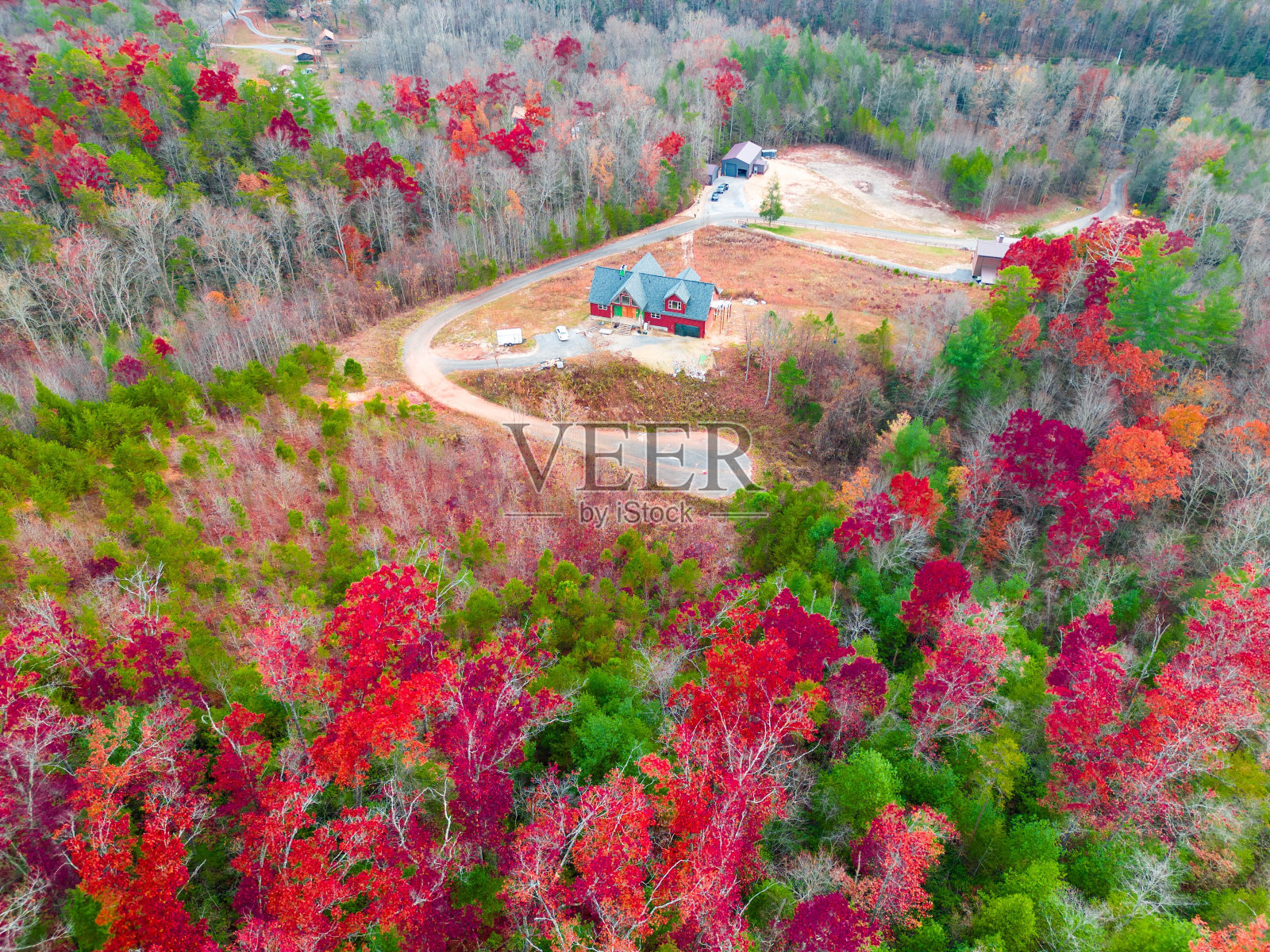 鸟瞰色彩斑斓的森林中的一所乡村房屋照片摄影图片