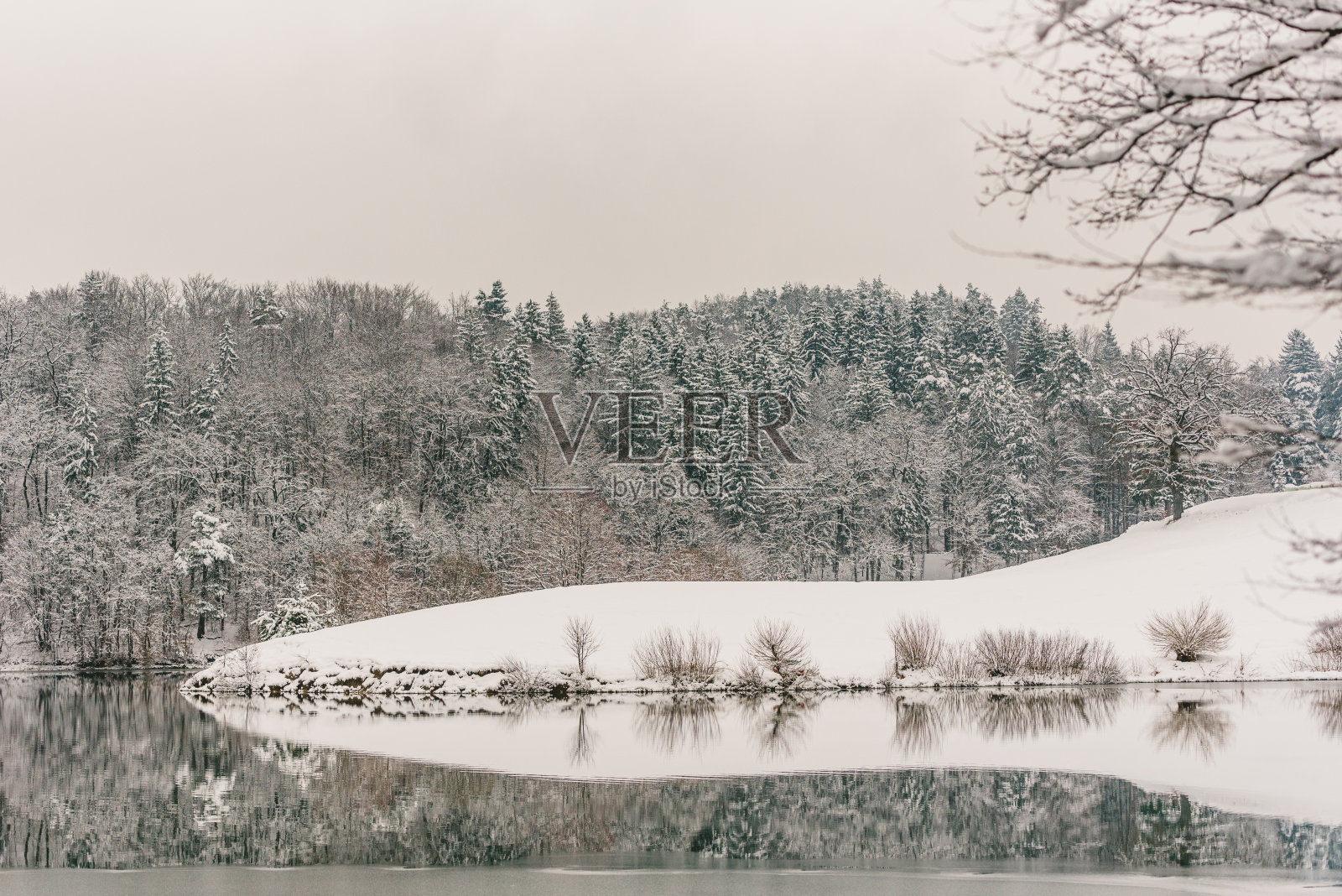 彩色的风景，雪树，美丽的结冰的河流在日落照片摄影图片