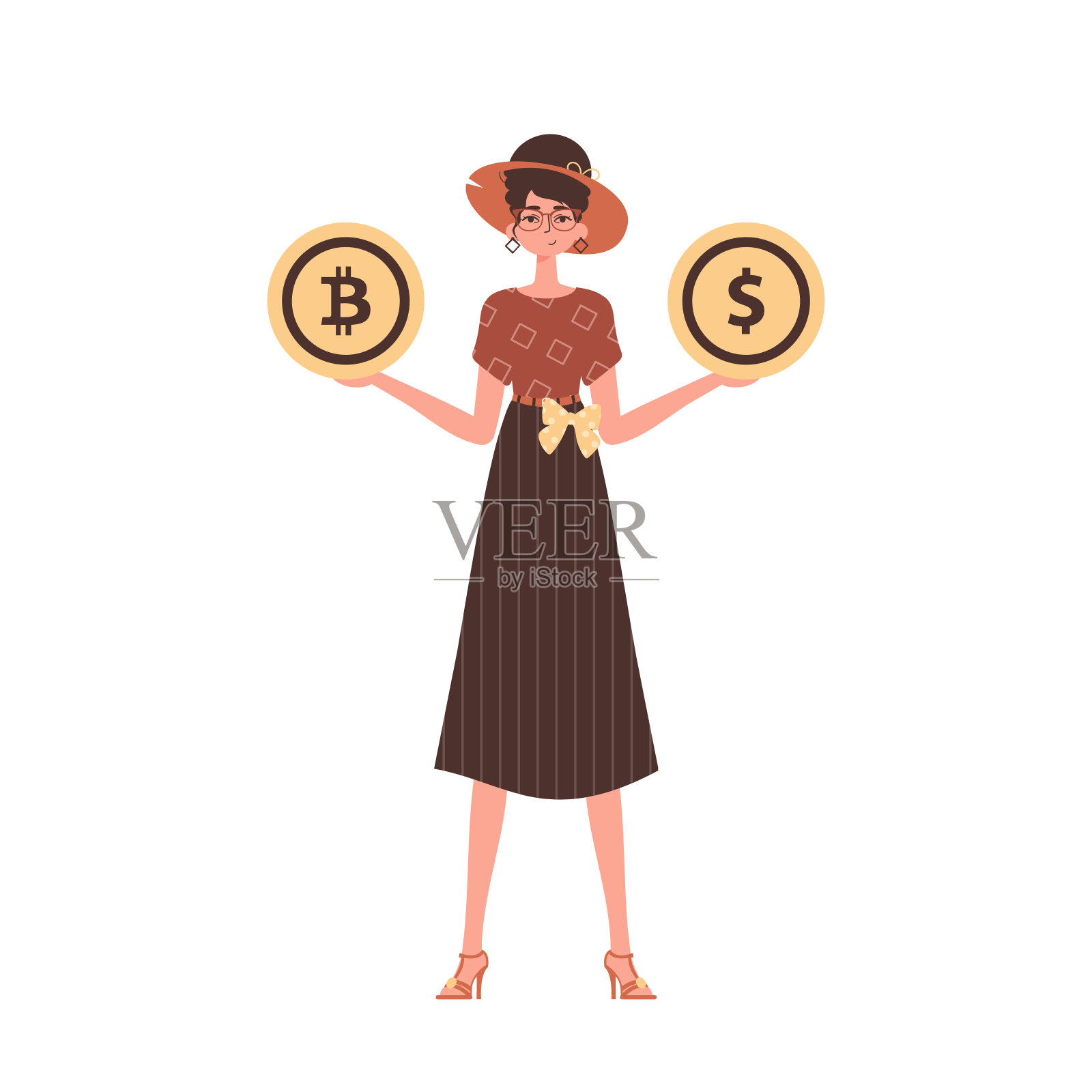 一名妇女手里拿着比特币和一美元。时尚风格的人物。插画图片素材