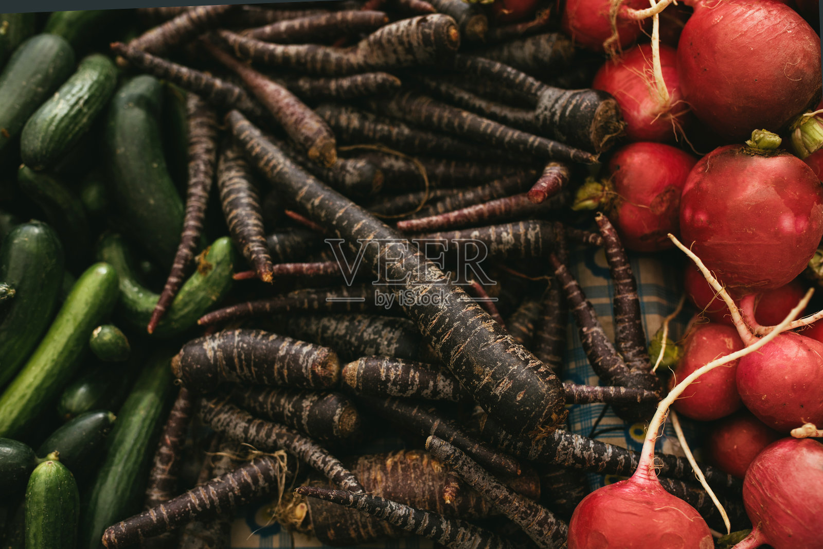 紫色的胡萝卜，萝卜和黄瓜。照片摄影图片