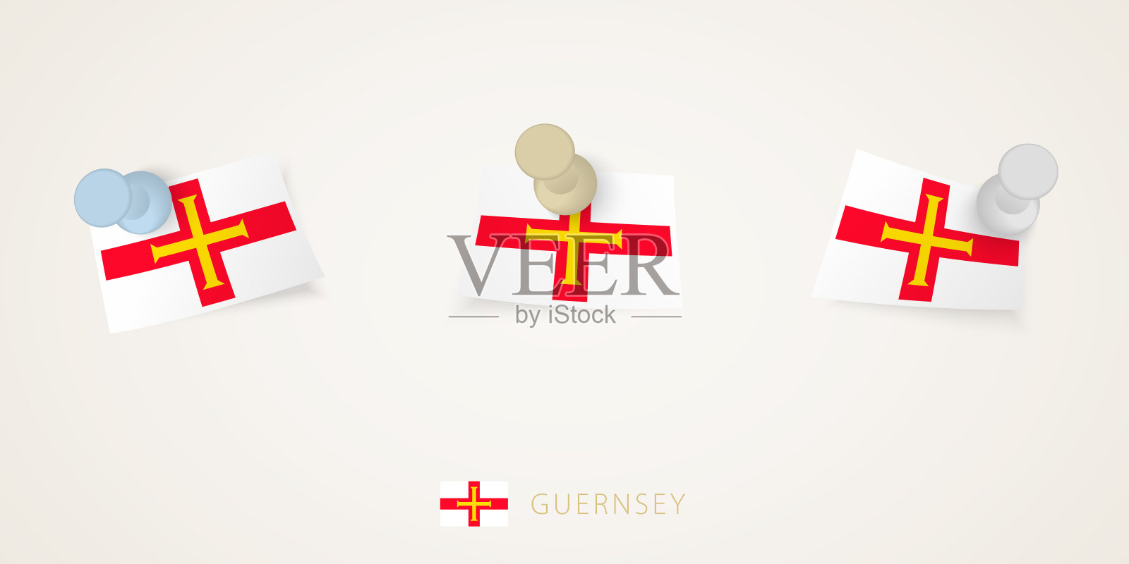 别针格恩西岛旗在不同的形状与扭曲的角落。矢量图钉俯视图。设计元素图片