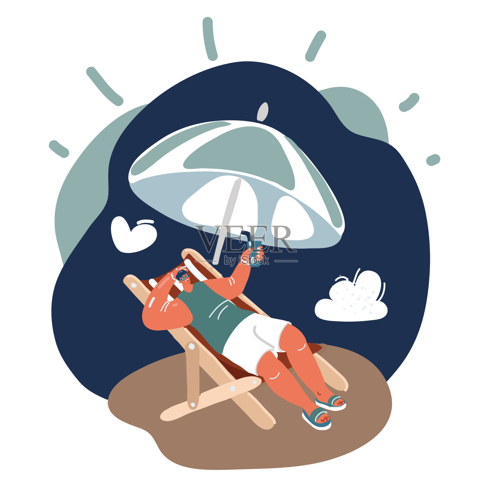 在城市公园的木制躺椅上放松的男子的卡通矢量插图。生活与工作的平衡和生活方式的概念插画图片素材