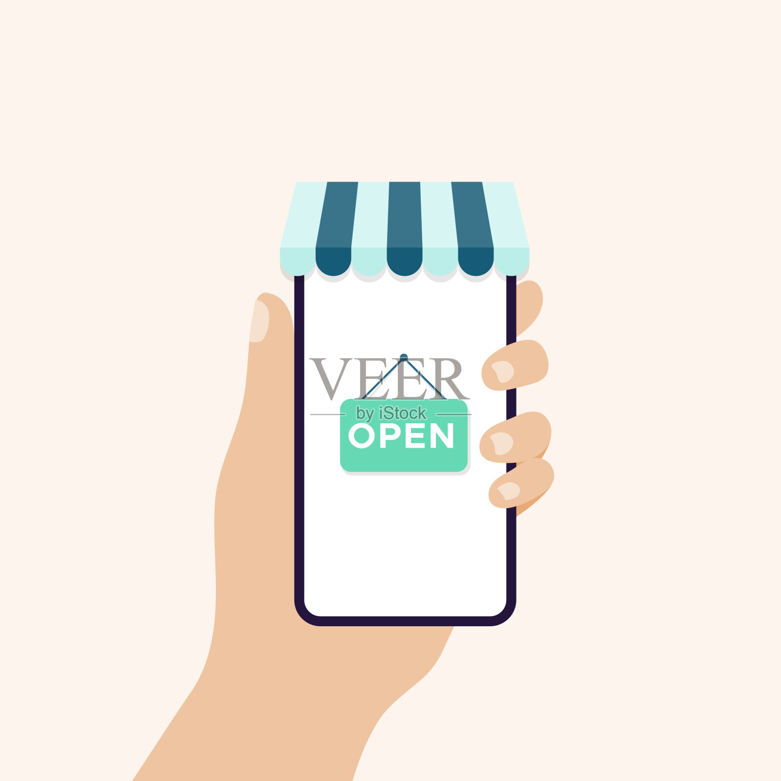 手持竖版智能手机banner，带有打开标志和遮阳篷矢量素材插画图片素材