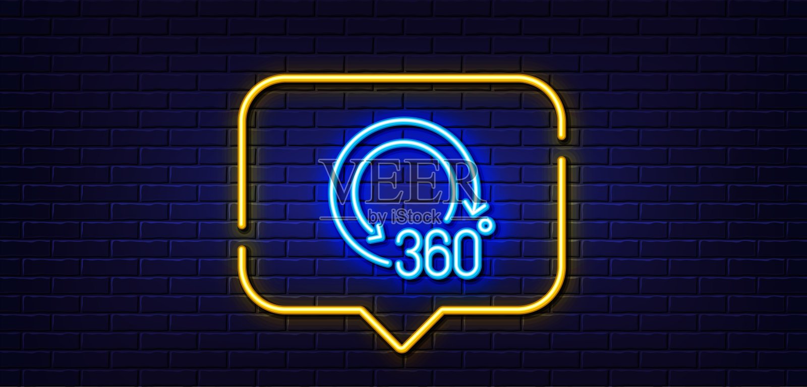 360度直线图标。全景标识。VR技术仿真。霓虹灯说话泡泡。向量插画图片素材