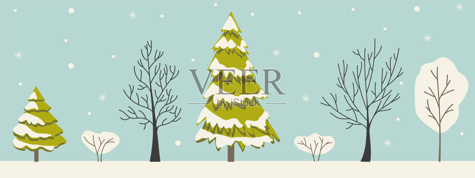冬天的树在雪中，没有树叶在平面矢量插图孤立的彩色背景插画图片素材