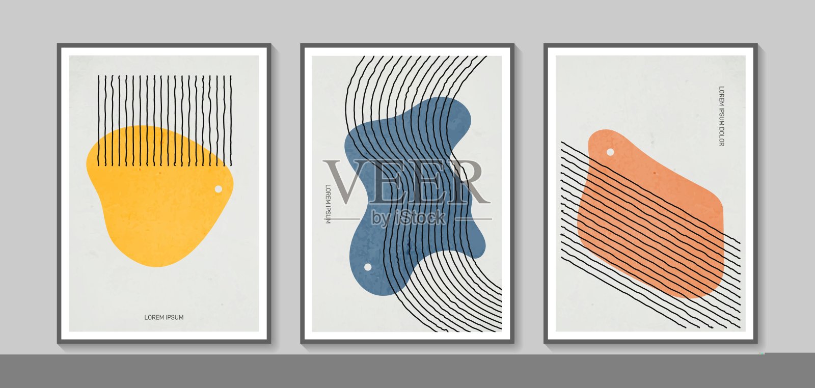 矢量抽象墙艺术收藏。波西米亚色有机造型。艺术设计海报，印刷，封面，墙纸，极简和自然的墙壁艺术。矢量插图与垃圾质感。设计模板素材