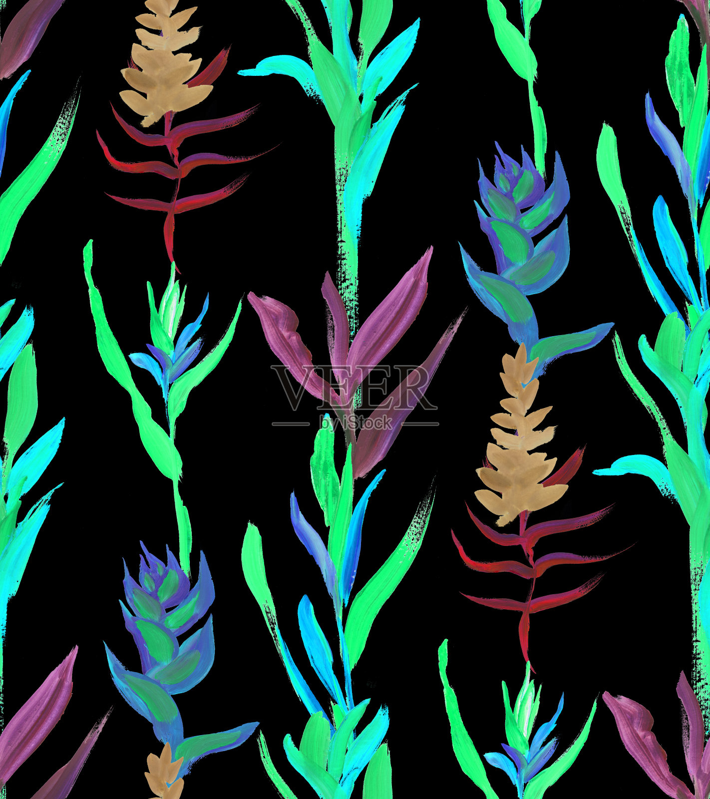 无缝模式与夜晚热带与垂直的花在黑色的背景上画插画图片素材