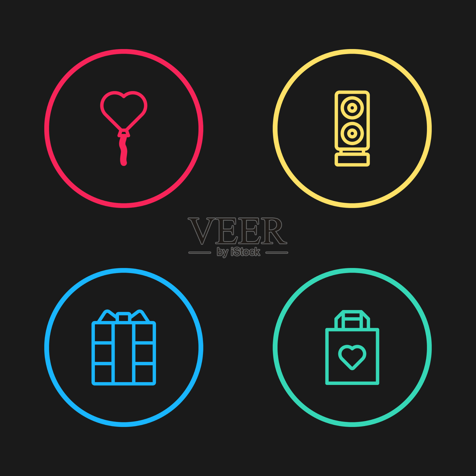 套装线礼品盒购物袋与心音响图标素材