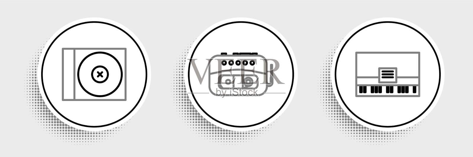 设置线钢琴CD或DVD光盘和音乐磁带图标素材