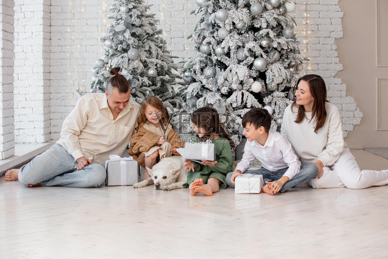 家庭——爸爸、妈妈、三个孩子和一条狗，在家里一棵装饰好的圣诞树下快乐地庆祝圣诞节照片摄影图片