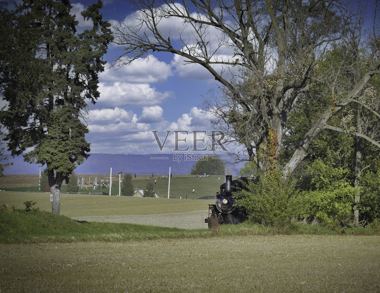 一辆古色古香的蒸汽机车在乡间旅行时从树林里冒了出来照片摄影图片