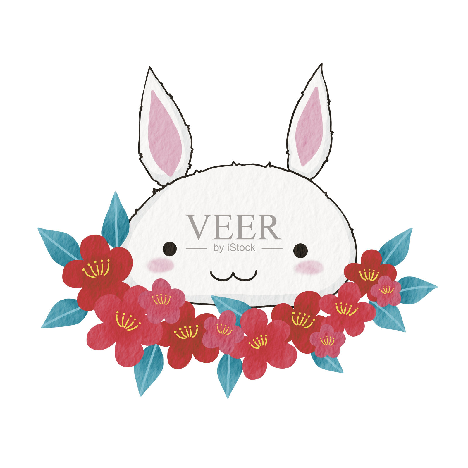 兔脸与茶花花束插图装饰中国新年和亚洲新年的节日。设计元素图片