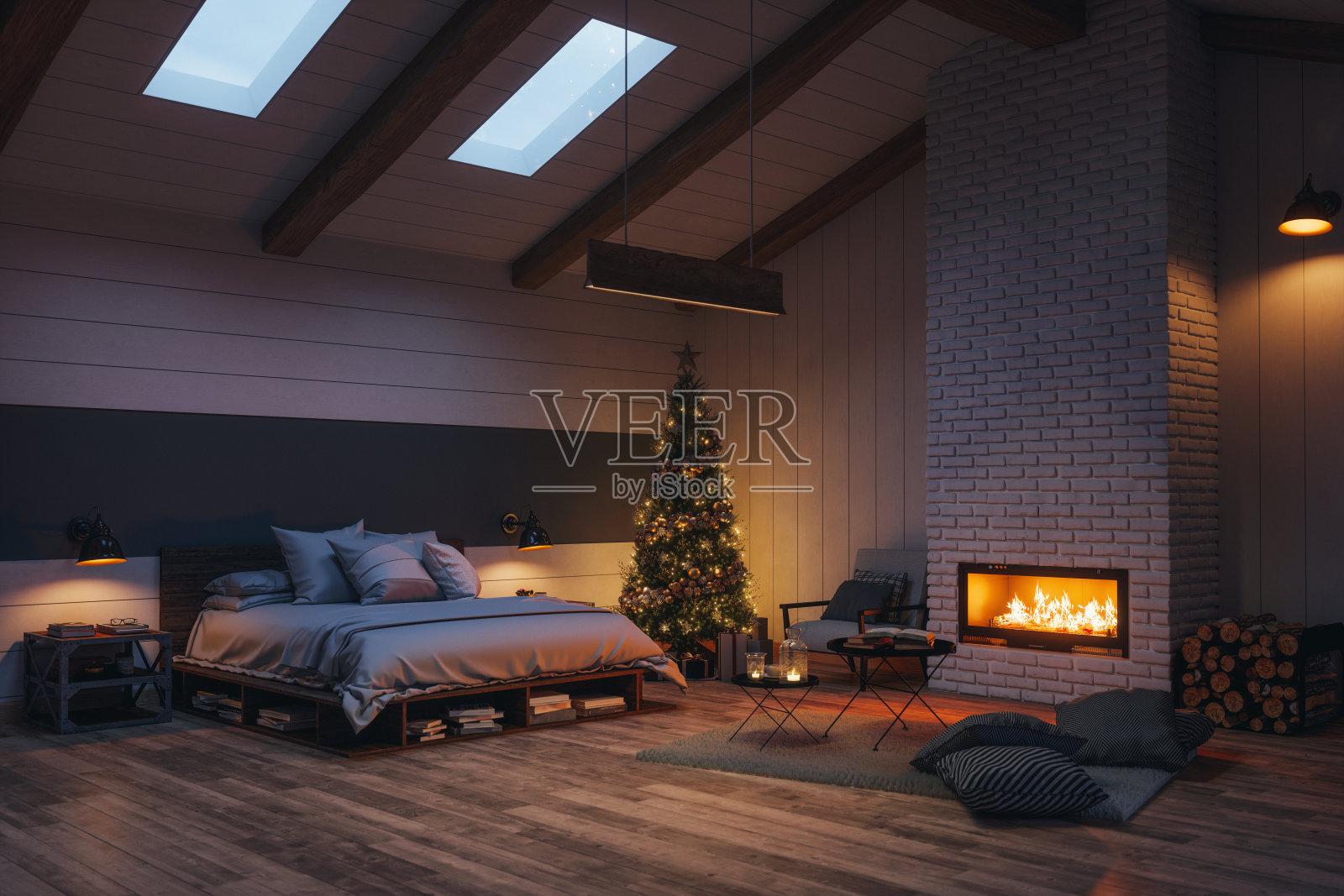 带有圣诞装饰的豪华小屋中的斯堪的纳维亚卧室照片摄影图片